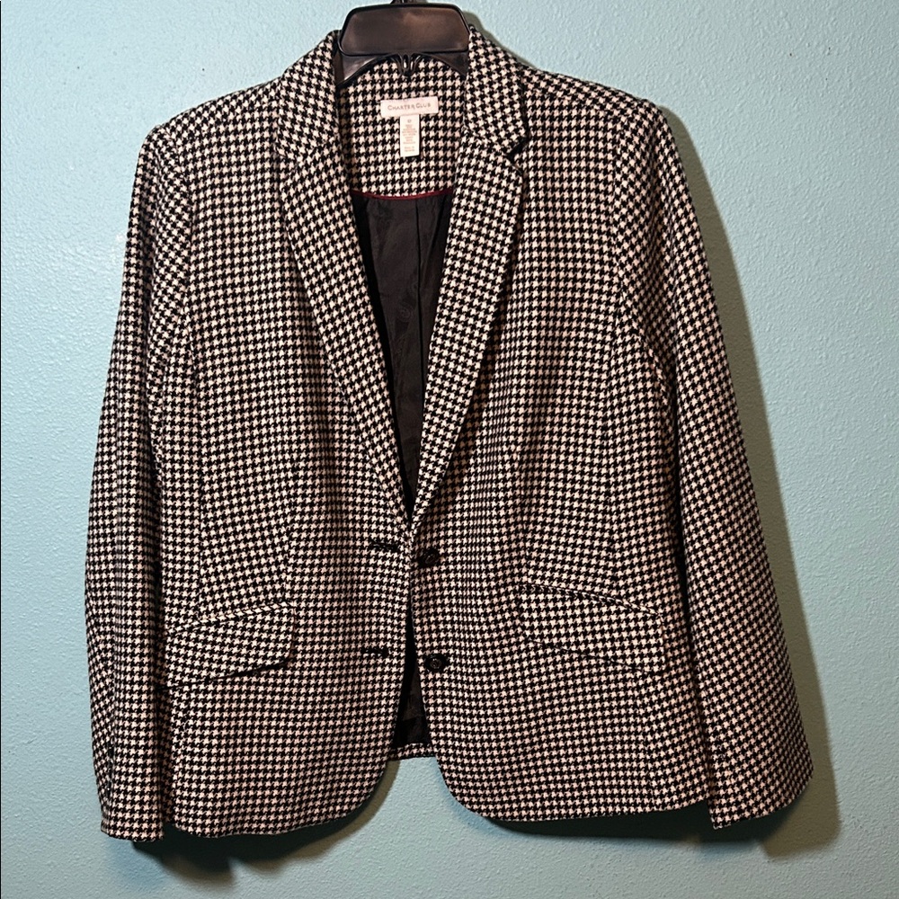 Charter Club Black and White Houndstooth Wool blend Blazer